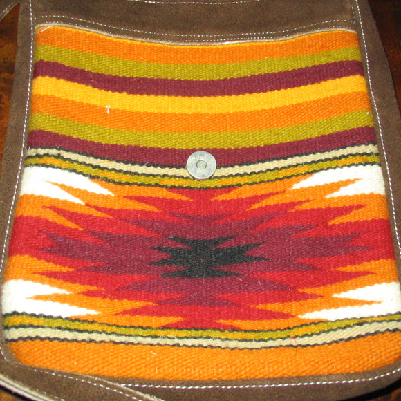 Ethnic Brown Suede and Woven Fabric Shoulder Bag - Picture 3 of 6